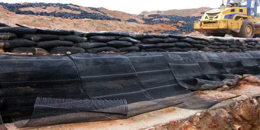 PP PE البلاستيكية ذات الاتجاه الواحد أحادي المحور البوليستر Geogrid Gravel Grid استقرار الأرض لتعزيز التربة 1